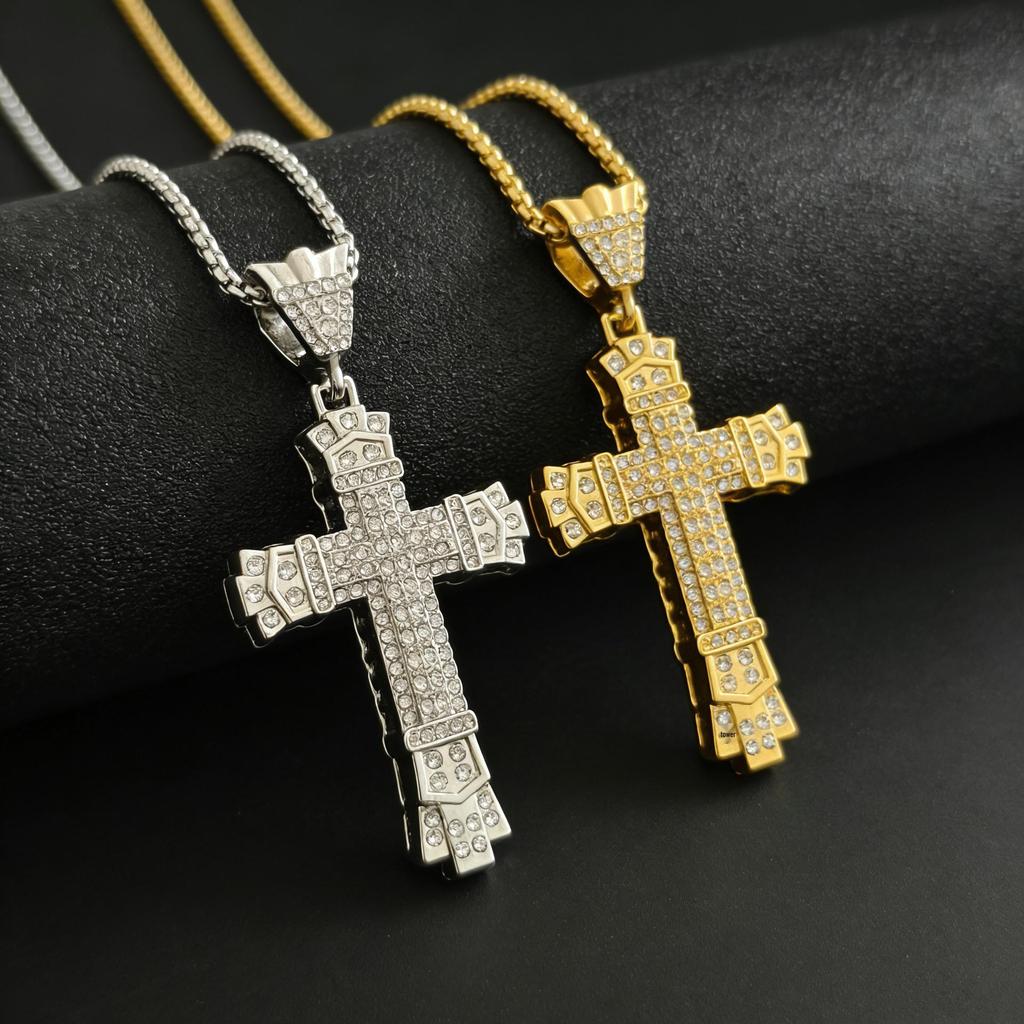 Men's Gold-Plated Retro Cross Pendant Hip-Hop Necklace with Full Diamond Encrustation