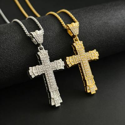 Men's Gold-Plated Retro Cross Pendant Hip-Hop Necklace with Full Diamond Encrustation