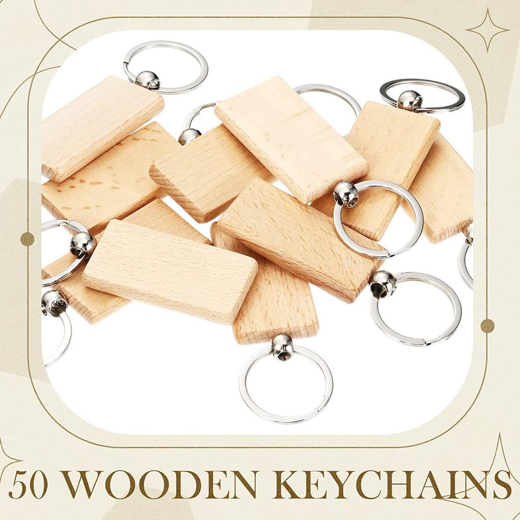 50PCS Wood Engraving Blank Keychain Wooden Assorted Shapes Unfinished Key Chain