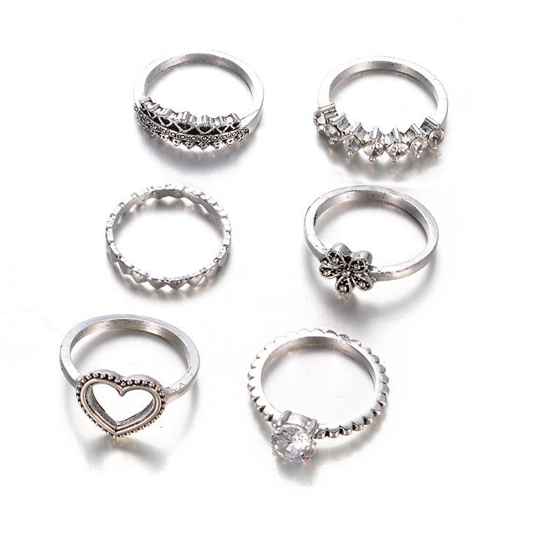 2019 Fashion New Personality Love Flower Inlaid Zircon Set Ring 6 Piece Set Combination Joint Ring Dance Party Wild Zircon