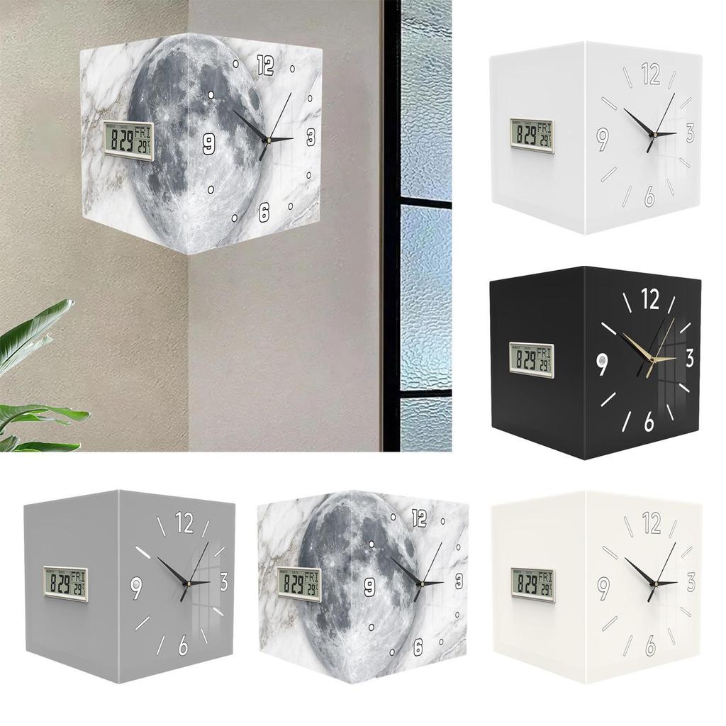Corner Wall Clock Modern, Temperature Display, Month Date Week Display, Decorative Clock for Living Room Dining Room Home Decor