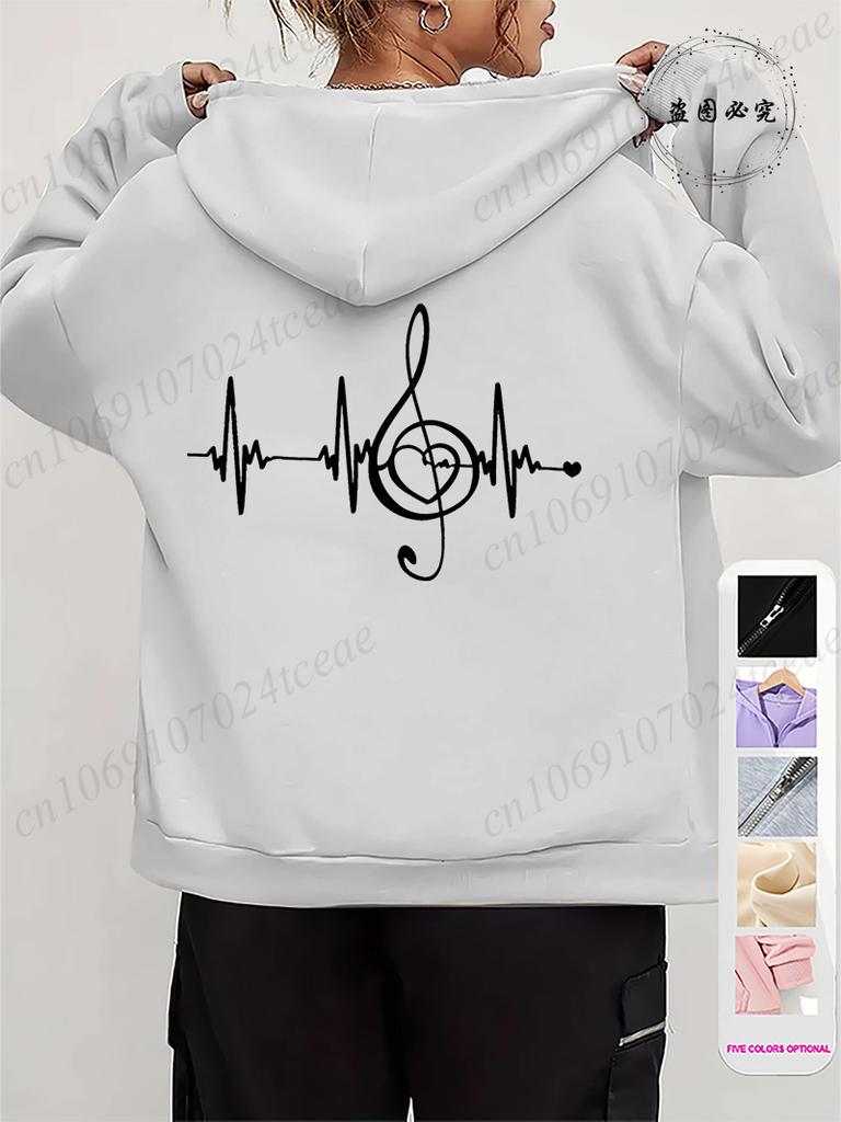 Men Women Fleece Hoodies Jackes Music Note Heartbeat Print Hoodie Zipper Jacket Male Hoodies Sweatshirt Music Zip Coats Clothes