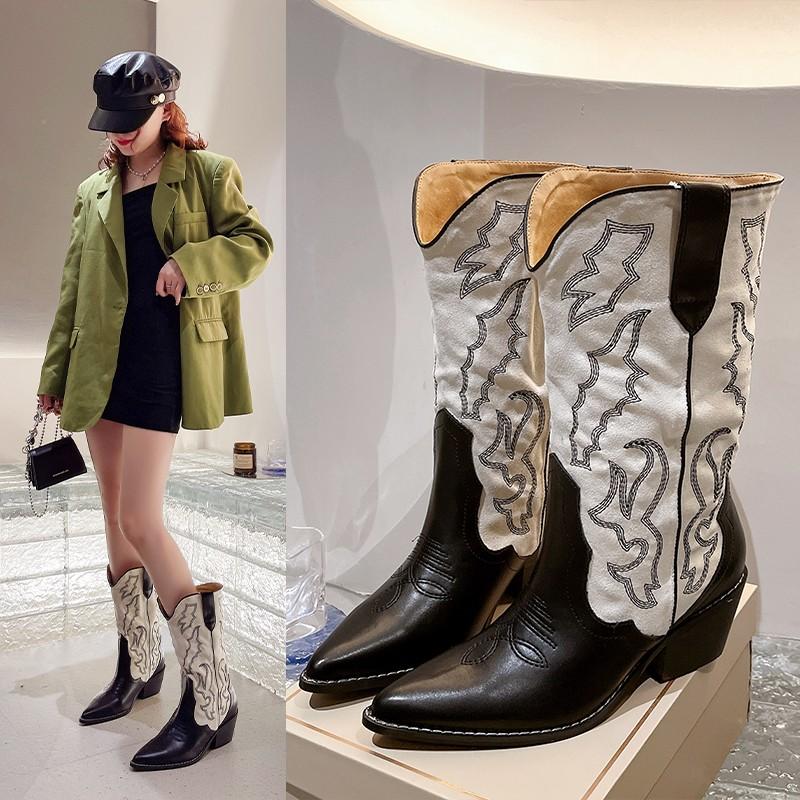 New Embroidery Women Western Cowboy Boots Slip On Thick Heels Knight Long Booties Retro Style Autumn Winter Female Shoes