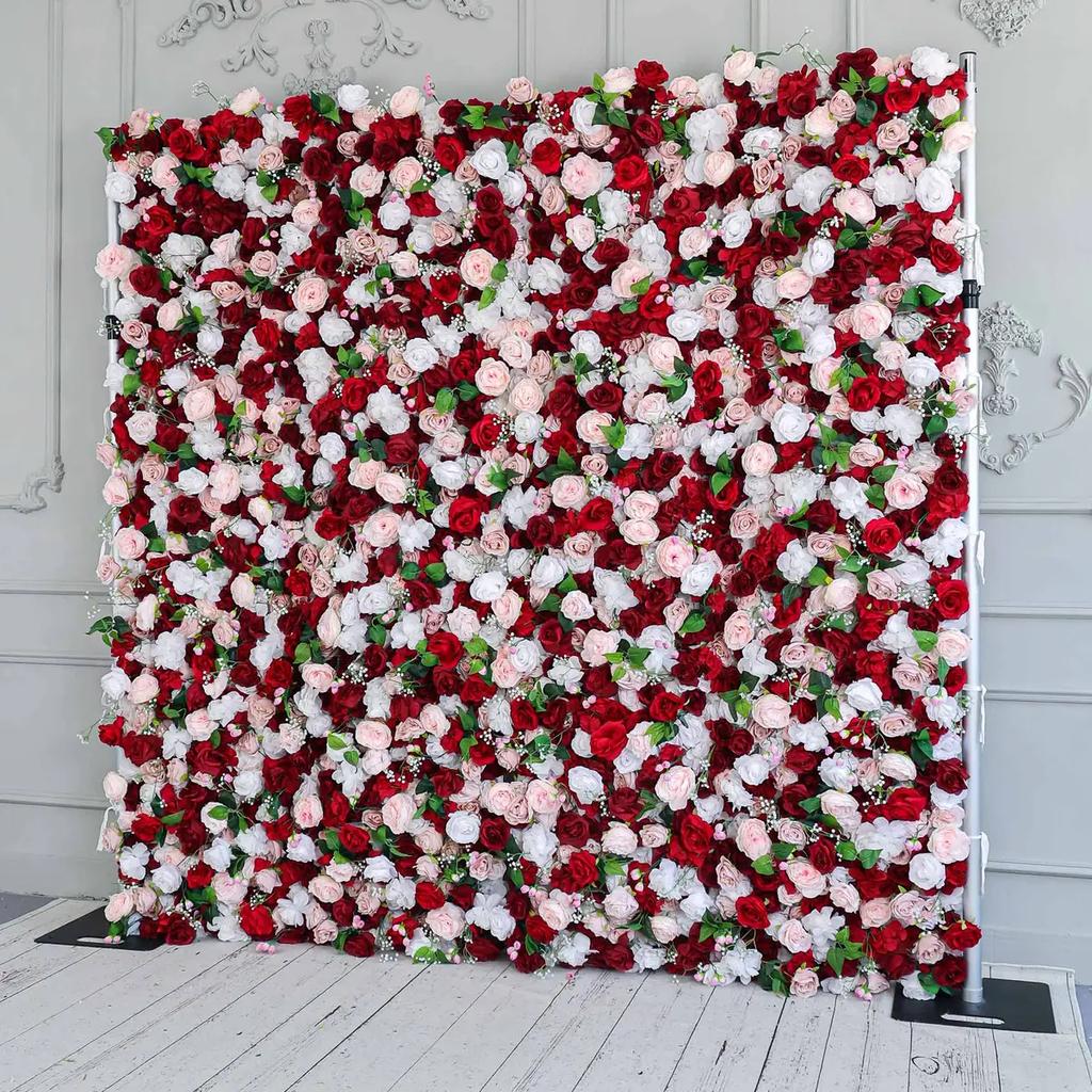 Uflower Luxury 3D Red White Rose Flower Wall Wedding Backdrop Props Arrangement Curtain Hanging Fabric Floral Wall Decor