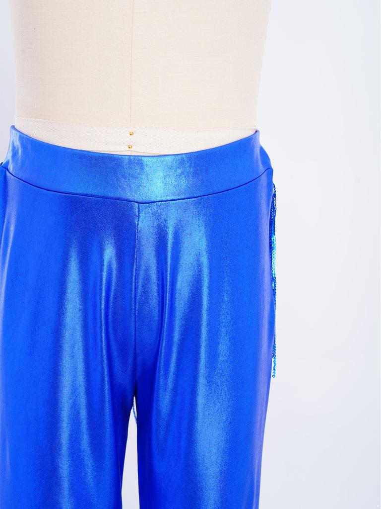 Girls Stage Performance Metallic Flared Pants Sparkling Sequin Tassels Back Invisible Zipper Bell Bottom Trousers