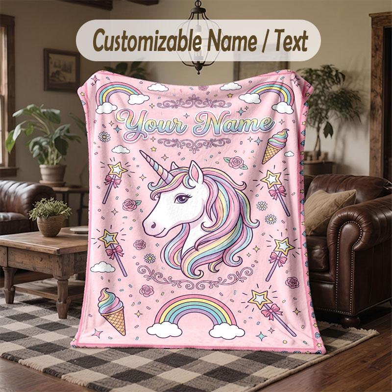 Unicorn Theme Throw Blanket Custom Name Text Personalized Blanket Soft Cozy Blanket for Home Sofa Bed