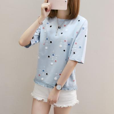 2025 Summer Women T-Shirts Short Sleeved Casual Blue Y2k Top Women's Graphic Print Lace Fashion Ladies T Shirts Women Tees Tops