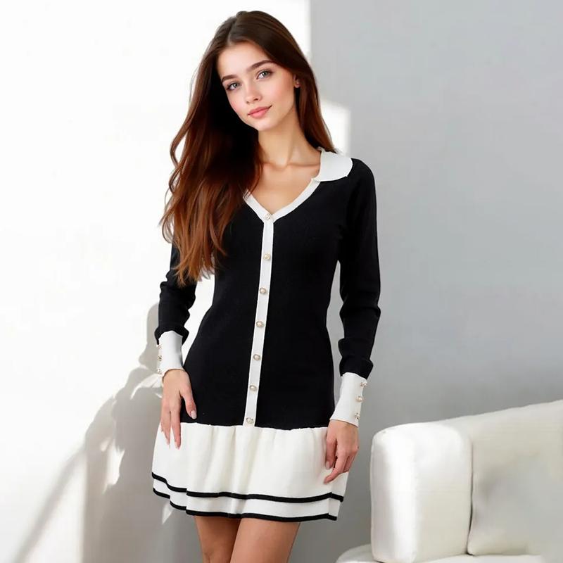 Spring Knitted Dress Women Elegant Ladies V-Neck Long Sleeve Bandage Bodycon Mini Dresses 2026 New Ruffles Party Vestidos