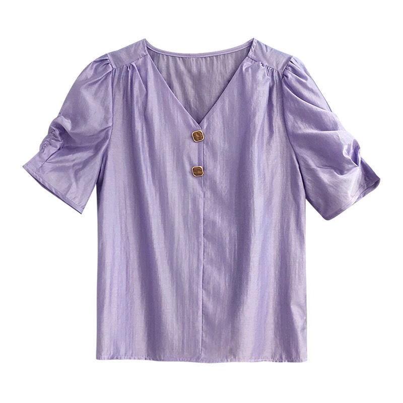 WTEMPO Brand Solid Colour Chiffon Shirt Women's Short-sleeved Shirt Summer Fashion Versatile Loose V-neck Bubble Sleeve Tops