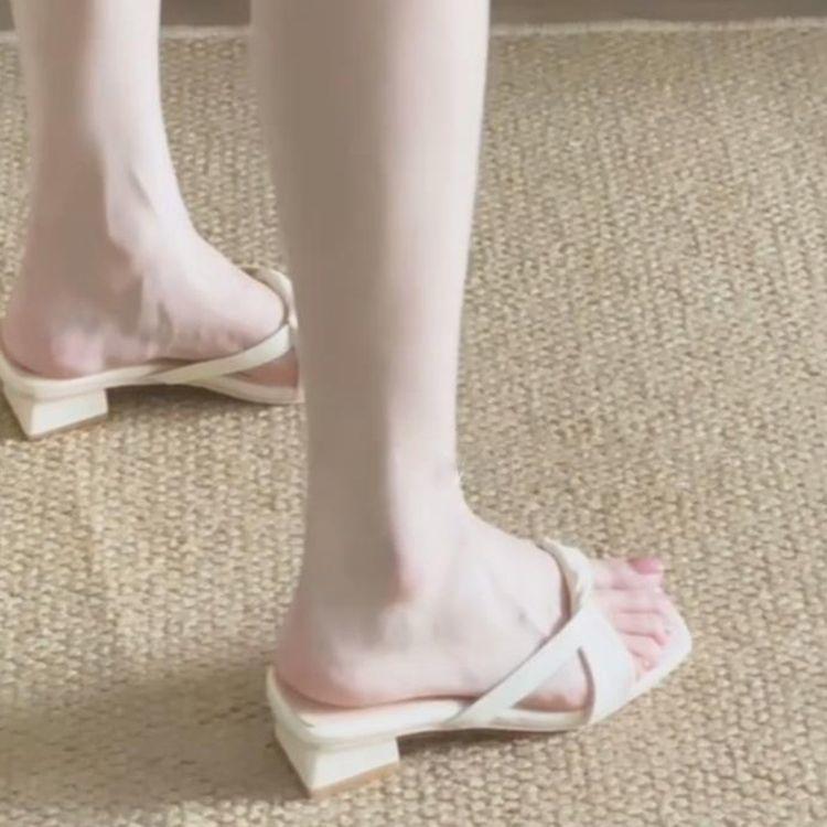 2025 New French Square Head Gentle Apricot Muller Shoes Summer Wear Thick Heel One-word Slippers Versatile Half Slippers