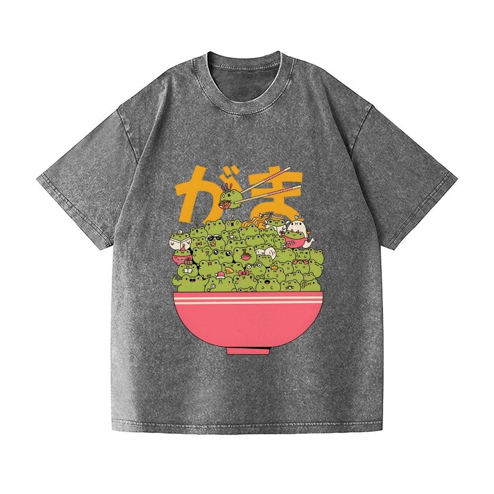 Fashion Unisex Cotton Washed T-shirt Vintage Frog Bowl Japanese Design Tees Casual Loose Short Sleeve Harajuku Sports Tops