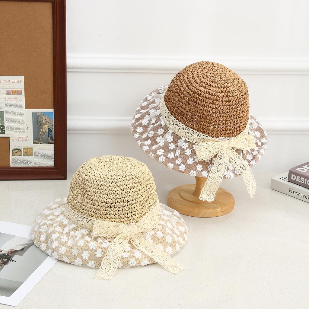 Fashion Straw Hat Mesh Bow Ribbon Sun Hat Outdoor Vacation Sun Hat Women