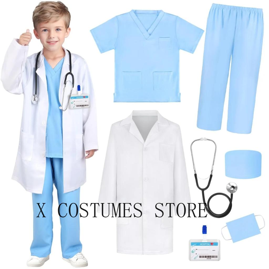 Kid s Doctor Cosplay Nurse Costume Nurse Suit Doctor s V Neck Surgical Suit Boys Girls Halloween Party Epidemic Role Clothing 130cm&Doctors Nurse