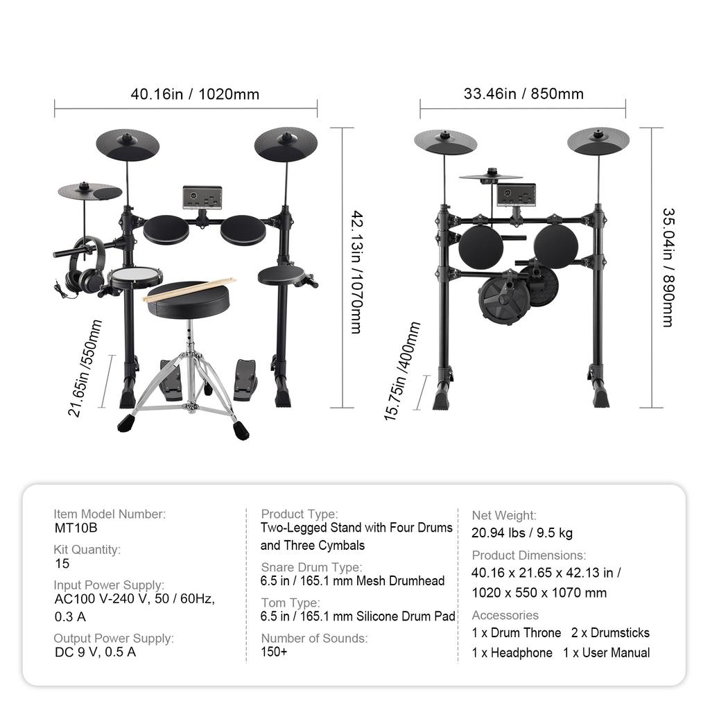 SucceBuy Electric Drum Set 15 Drum Kits& 150 Sounds Electronic Drum Kit 6.5-8in Quiet Mesh Snare Electric Drum Set for Beginners