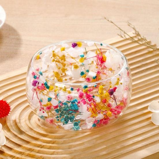 Doppelwandige Glasschale mit echten gepressten Blumen Hitzebeständig Kältebeständig Transparent Lebensmittelschale für Salat Dessert Servieren Niedliche Heimküchendekoration
