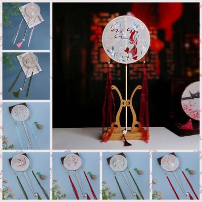 Vintage Long Handle Silk Fan Embroidered Hanfu Hand Fan Home Decor Chinese Style Round Fan  Wedding