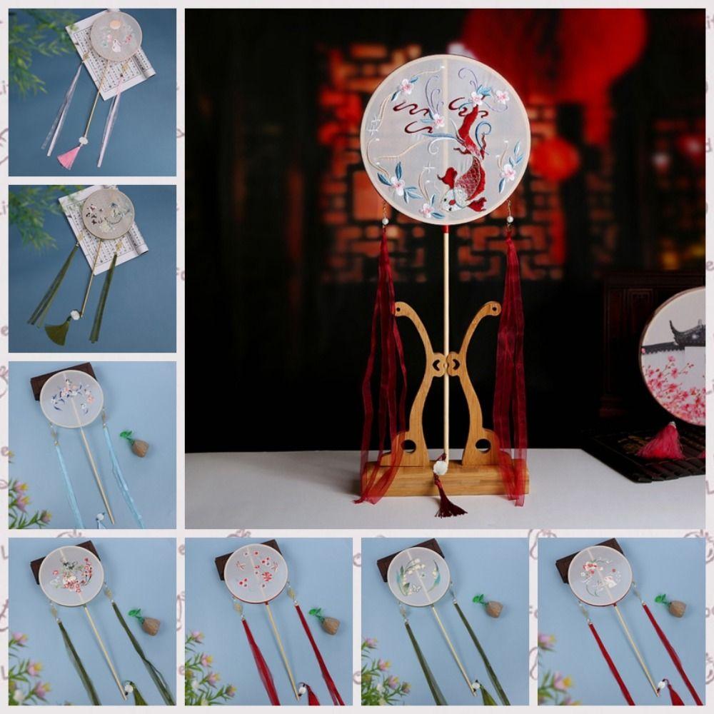 Embroidered Chinese Style Round Fan Classical Hanfu Hand Fan Long Handle Silk Fan  Female Costume