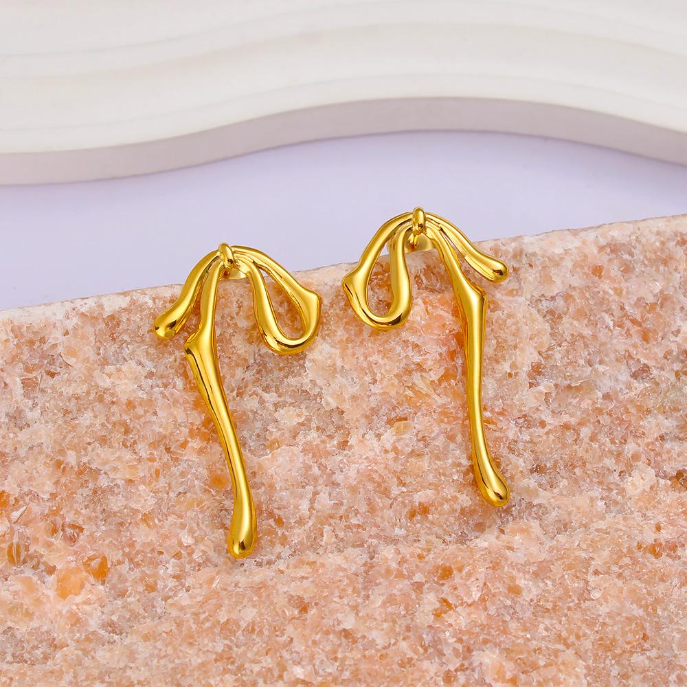 18K Gold Titanium Steel Bow Knot Earrings with Pearl Pendant - Elegant Retro Design