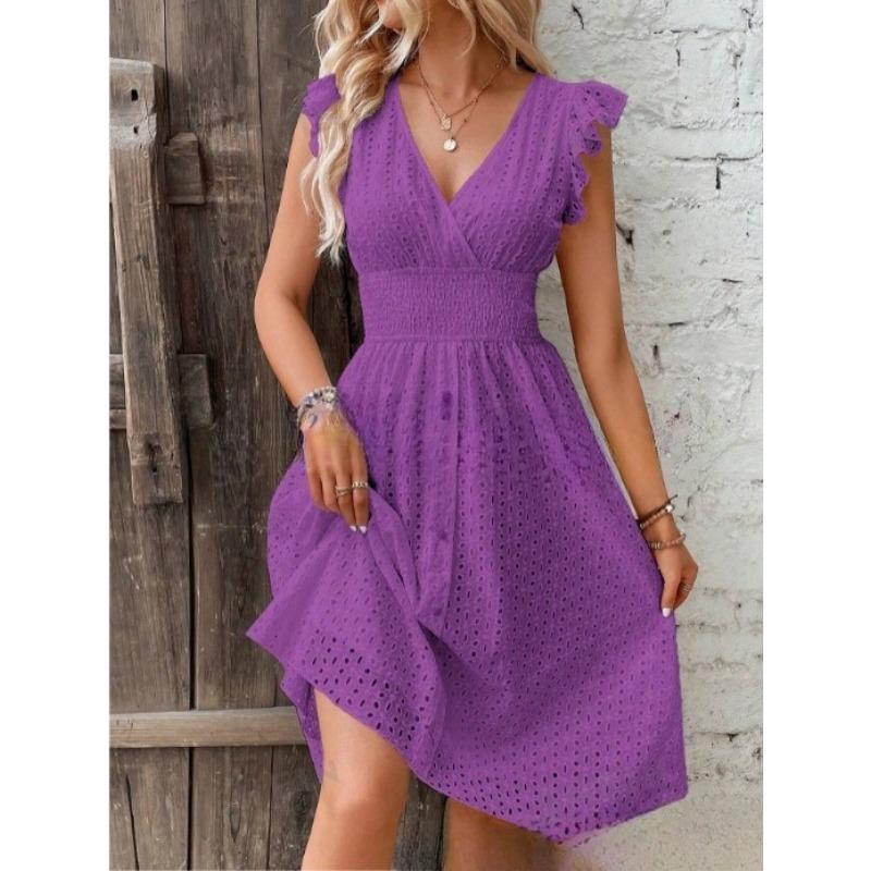 VEZFAA Kadın Moda Yaz Bahar Düz Renk Baskı Kolsuz V Yaka Yüksek Bel Günlük Elbiseler