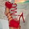 Fashion Fashion Feather Embellished Heeled Sandals Women Sexy Open Toe Spiral Binding Strap Design Evening Shoe Elegant Party High Heels