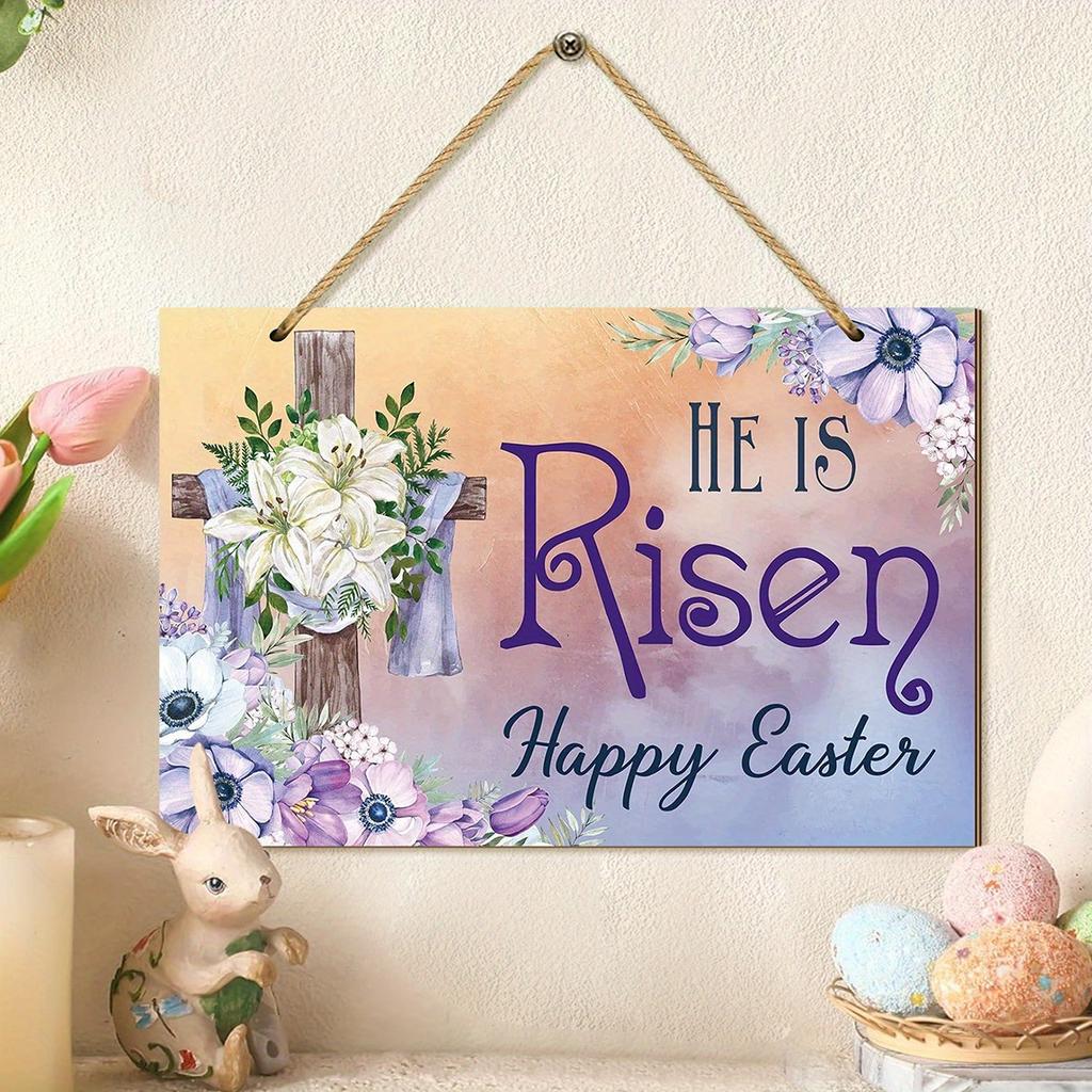 2d Flat 28*18.5cm, Easter Home Decoration, "He Resurrected", Creative Decorative Board with Wooden Cross Logo, for Home, Garden, Club Decor.