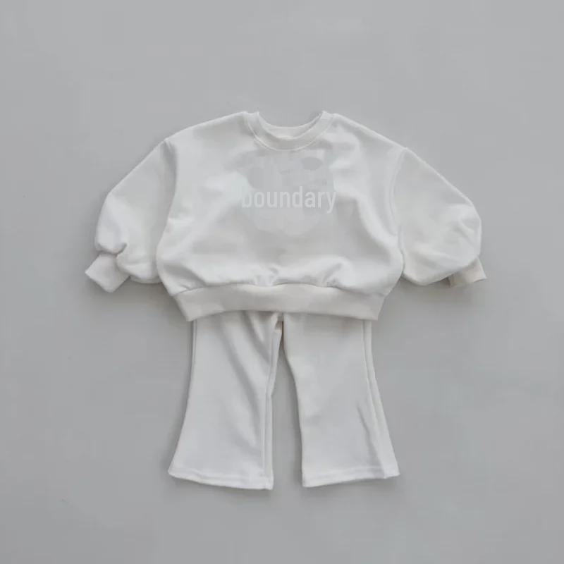 Girls' Cute Bow Two-Piece: Loose Sweater and Slim Flared Pants Set for Spring and Autumn