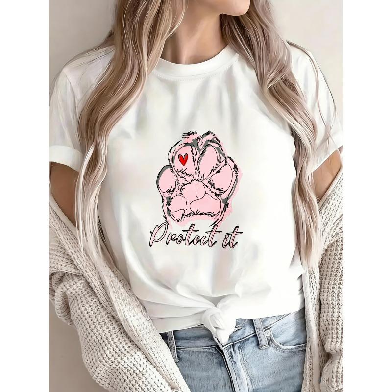 Women Casual T Shirt White Paw Print With Heart And Protect It Text For Pet Lovers Daily Wear