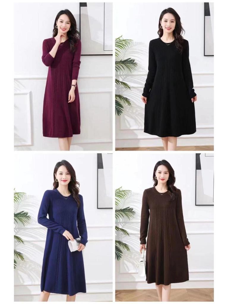 Korean Style Medium-Long Knit Dress for Spring/Autumn - Concealing Mother's Base Layer Wool Dress