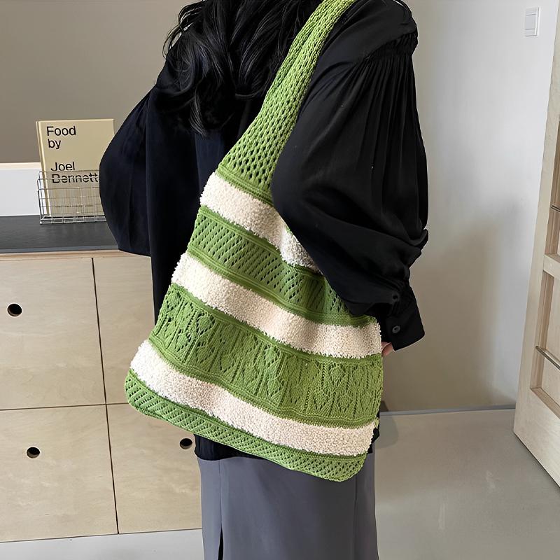 Ladies Woven Bag Striped Knitted Bag Simple Hollow Out Hand Held Shoulder Bag