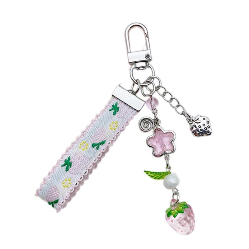 Lace Ribbon Keyring Cute Sweet Strawberry Pendant Keychain Colorful Beaded Phone Lanyard Multi-Functional Bags Accessories