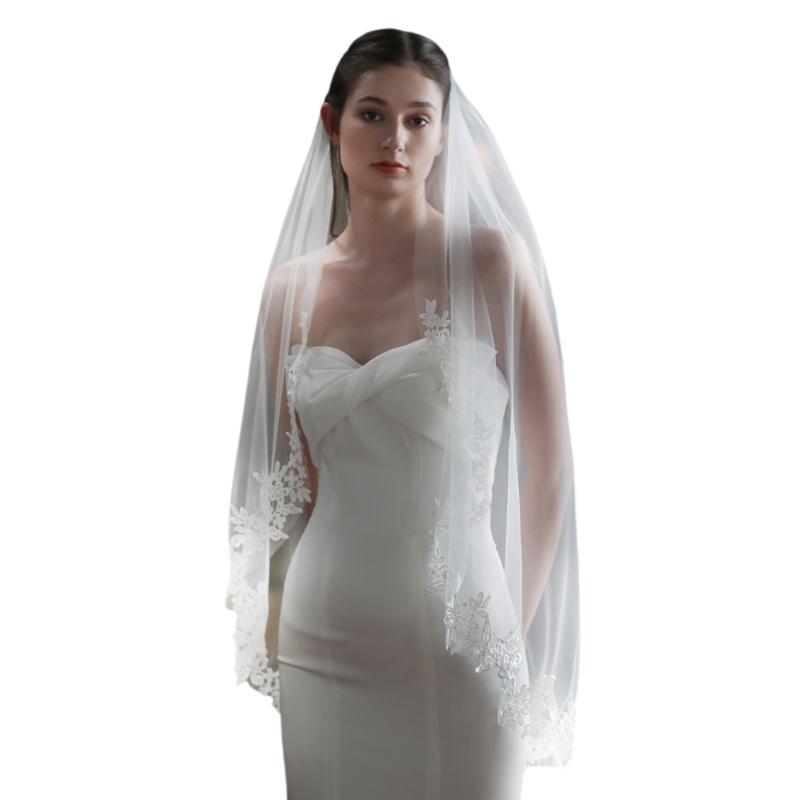 

Classical Single Layer Wedding Veils Delicate Lace Flower Applique And Secure Metal Comb Attachments Midlength Bride Veils 1
