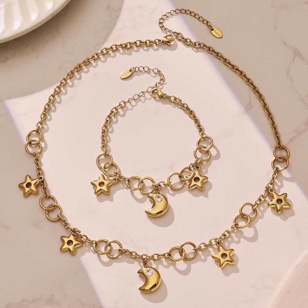Exquisite Star & Moon Pendant Necklace and Bracelet Set: Two-Tone Electroplated Stainless Steel Jewelry