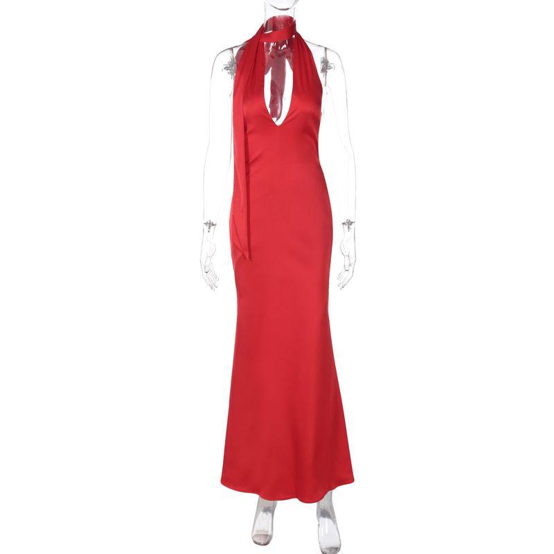 

Deep V Hollow Ribbon Hanging Neck Dress Deep V-neck Hollow-out Streamer Halterneck Dress Red L