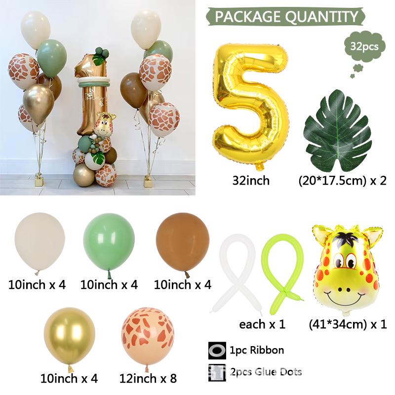 Giraffe & Green Leaf Jungle Birthday Balloon Set for Kids' 1st Birthday