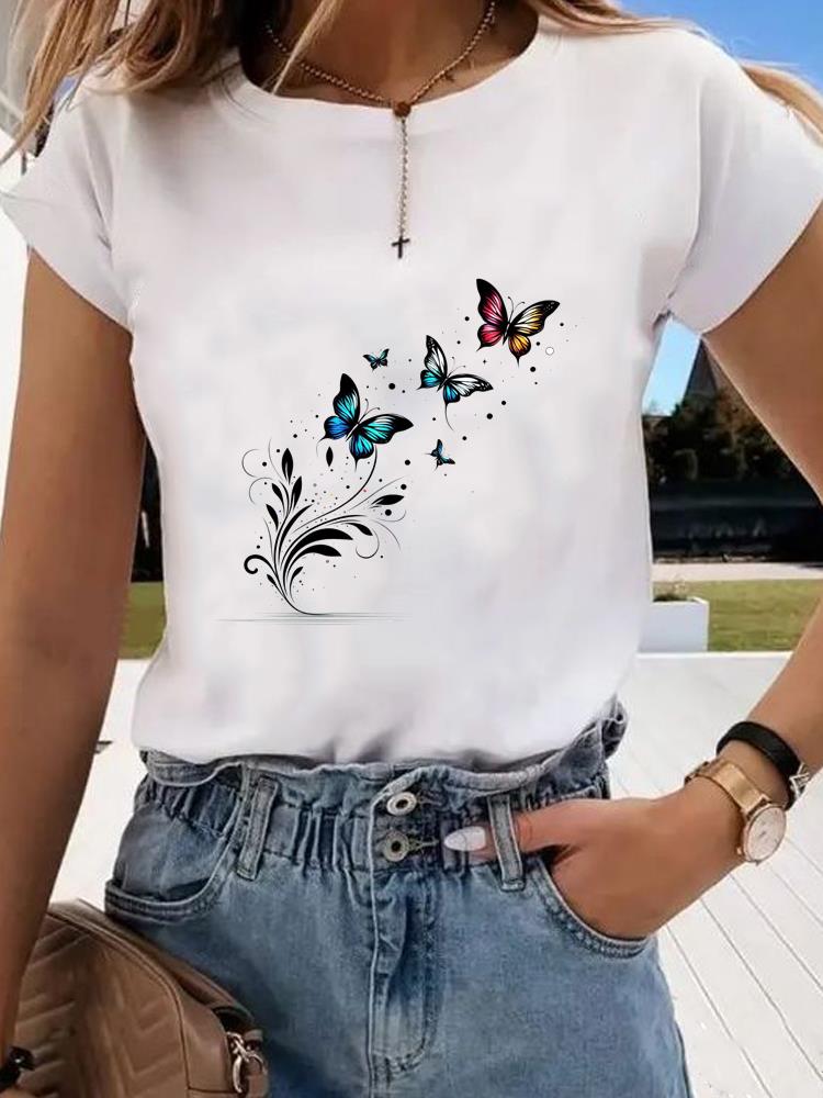 (Asian Size)  trend butterfly flower cute Graphic Tee Fashion T Clothing Women's Top  Print Female Casual  Short Sleeve T-shirts