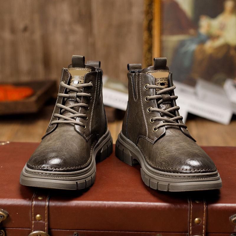 Martin Men's 2024 Thick-Sole Mid-Cut Genuine Leather Boots - British Retro Style for Autumn and Winter