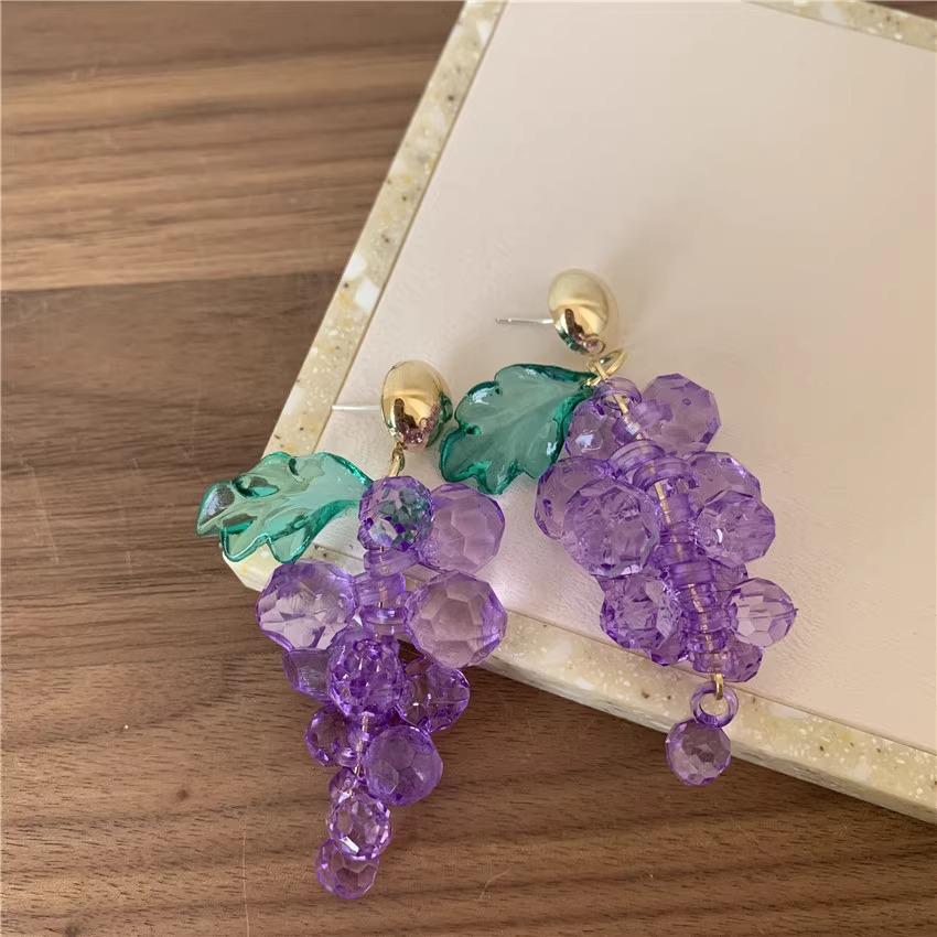Korejské přehnané fialové křišťálové náušnice ve tvaru hroznu - Dlouhý, módní literární design