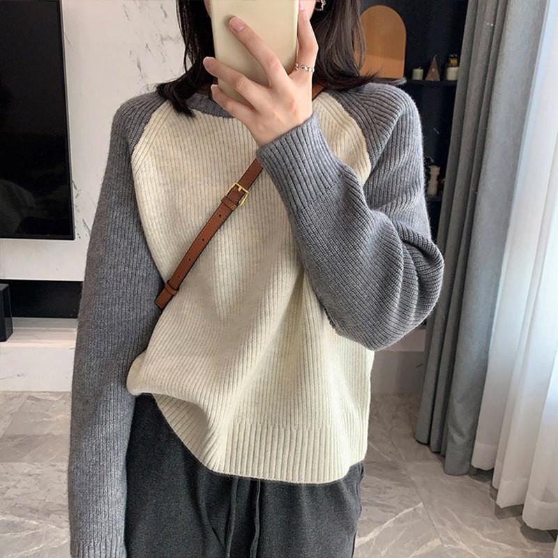 Round Neck Contrasting Color Knitted Sweater New Design Sense Autumn Winter Casual Long Sleeved Set Base Women's Top