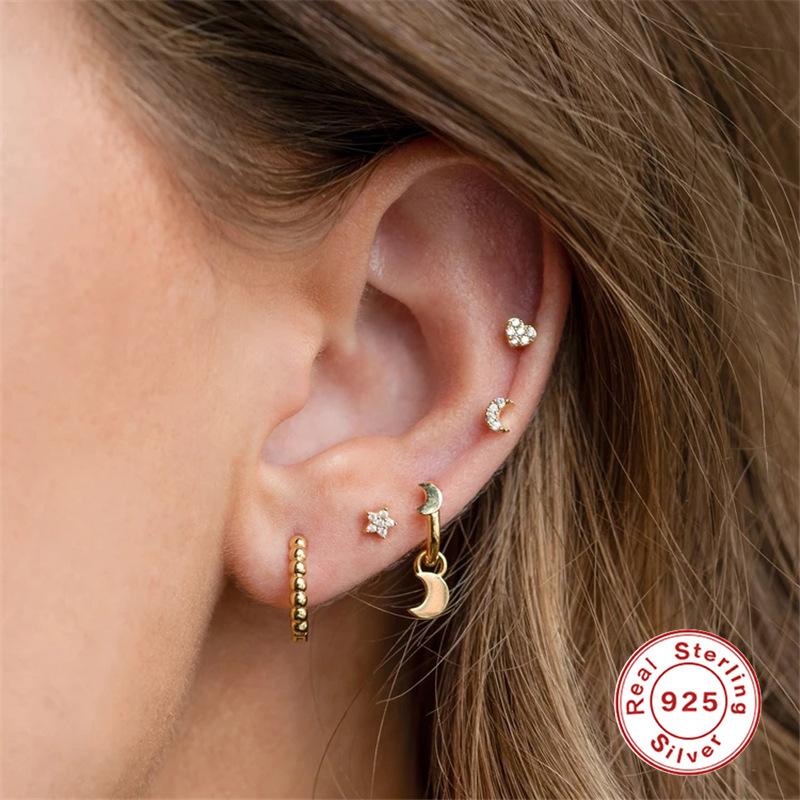 Gold 4-Piece Set 925 Sterling Silver Pentagram Crescent Heart Triangle Zircon Spiral Perforation Puncture Earbone Stud