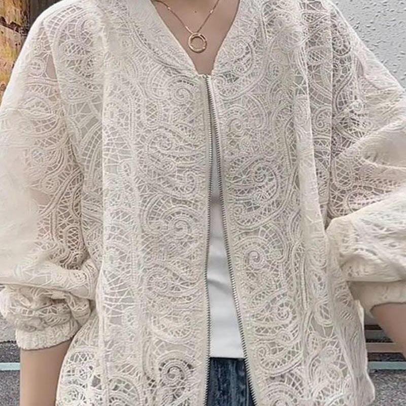 Damen Frühlings-/Sommer-Design Spitze-Aussparung Kurze Jacke Leichtes Lässiges Langarm-Oberteil