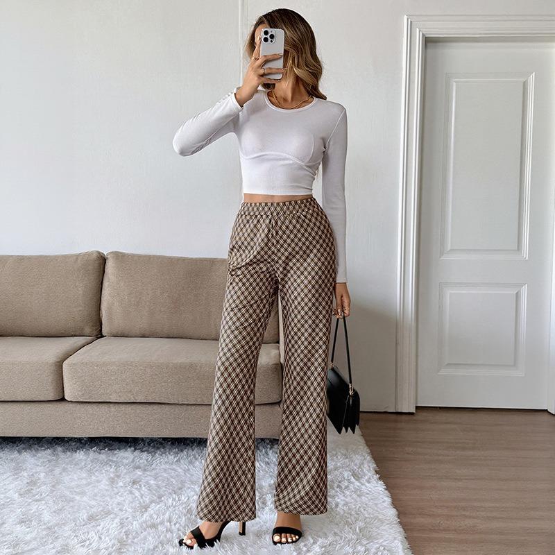 YYFS Women's Fashion Casual Plaid Print High Waist Trousers Pants & Capris