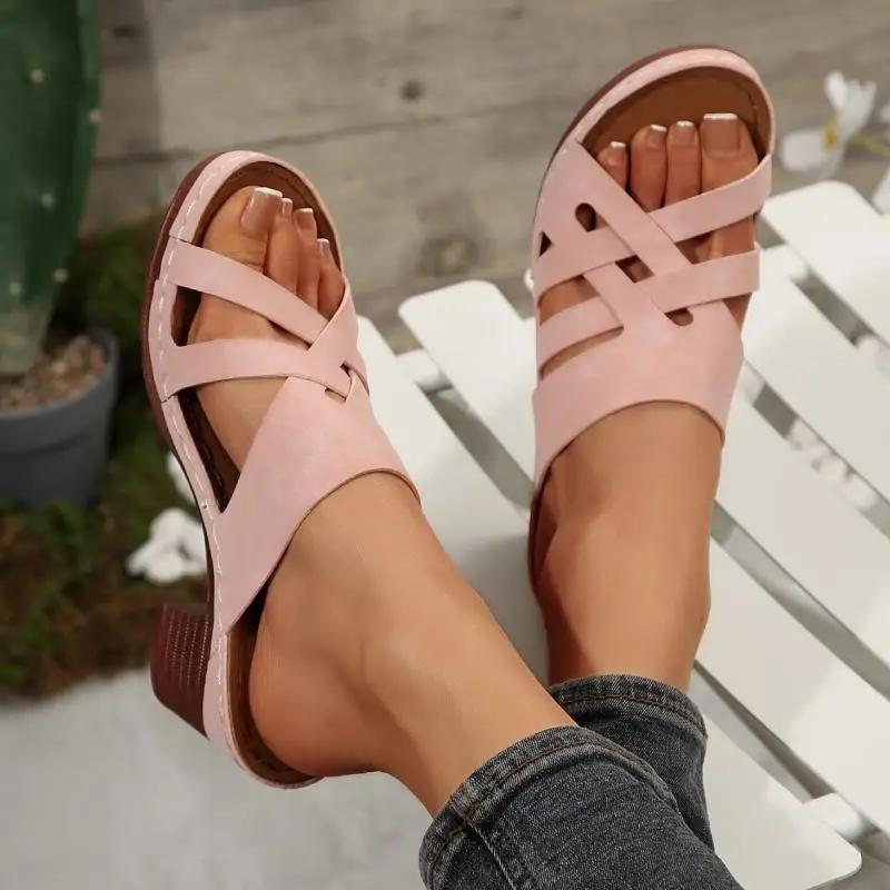 Fashion Classic Pink Comfortable Daily Shoes Elegant Round Toe Cross Tie Straps Slippers Women 2025 Summer High Heels Shoes Women