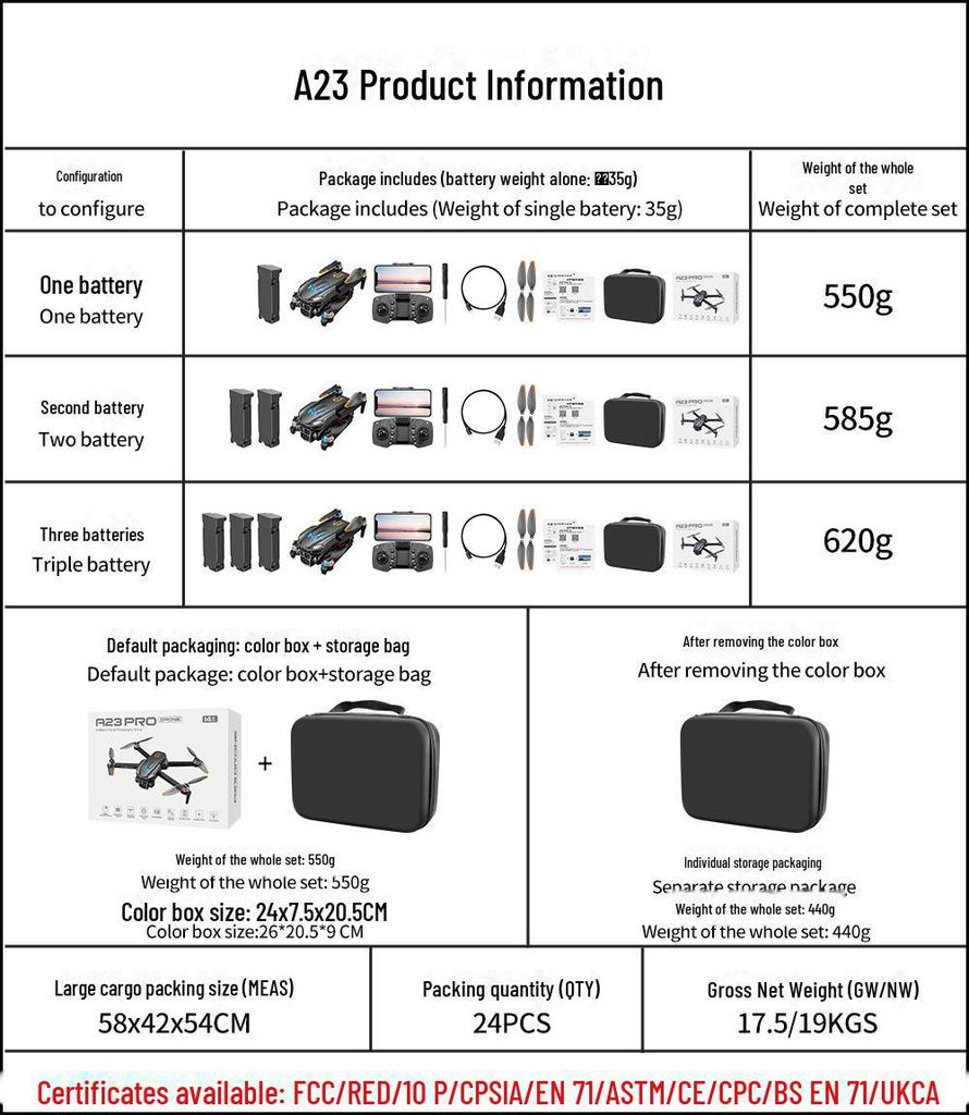 A23 HD Camera Drone with Brushless Motor, Flowing Light, and Obstacle Avoidance