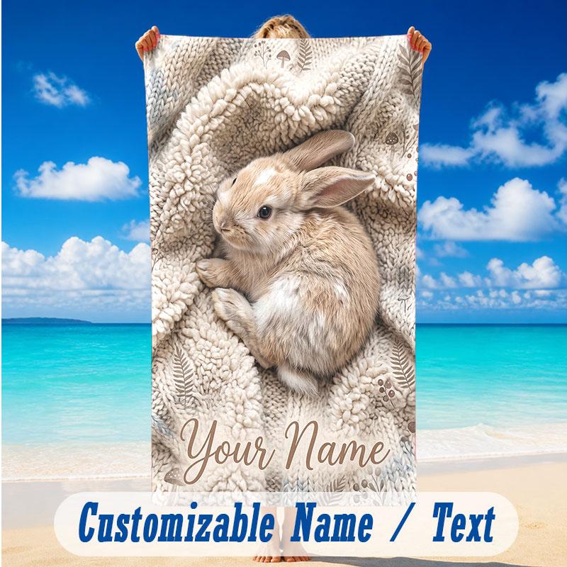 Easter Bunny Theme Beach Towel Personalized Custom Name & Text Soft Quick Dry Beach Towel for Swimming Travel
