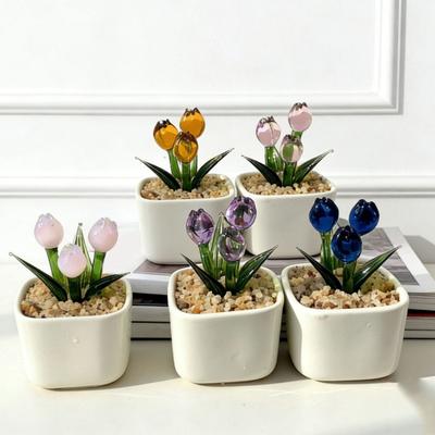 Mini Glass Tulip Flower Figurine Hand Blown Miniature Faux Crystal Flower In Pot for Women Mom Wedding Mother's Day Office Home Table Centerpiece