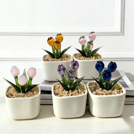 Mini skleněná figurka tulipánu Ručně foukaná miniaturní květina z umělého křišťálu v květináči pro ženy, maminku, svatbu, Den matek, kancelář, domov, středový díl stolu