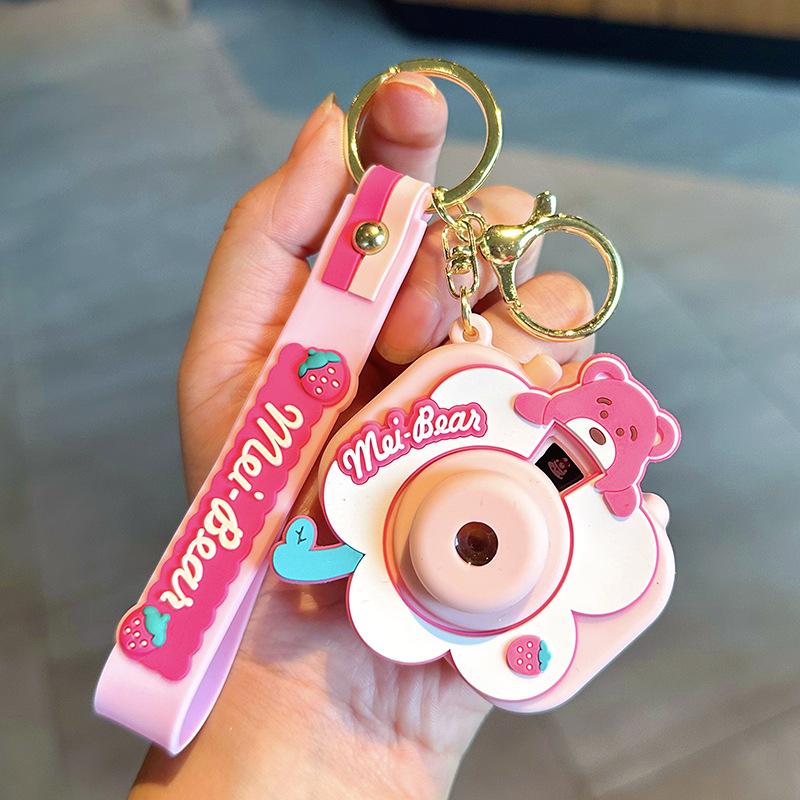 

Cute Strawberry Bear Projection Camera Keychain Women S Exquisite Schoolbag Pendant Cartoon Fun Practical Small Pendant