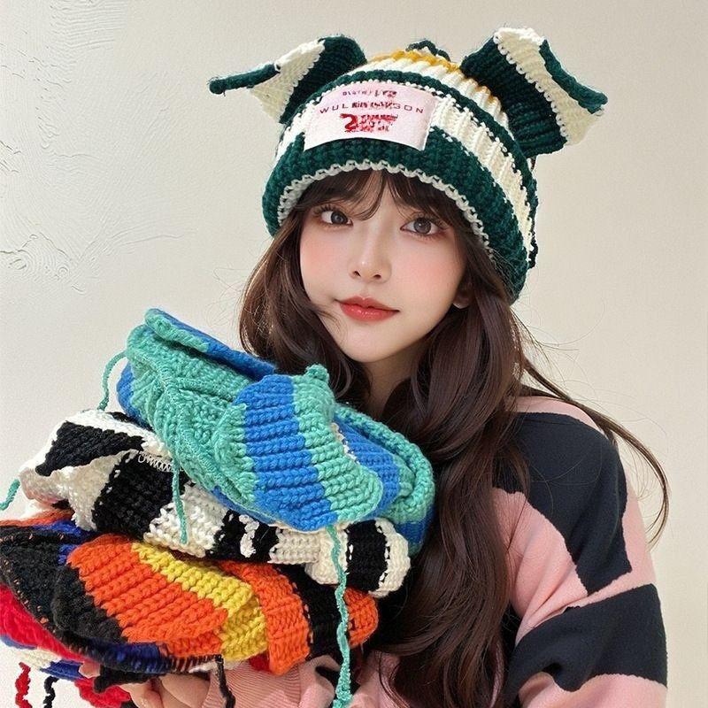 Pig Hat Korean New Contrasting Color Cute Pig Ears Thickened Warm Wool Hat Men and Women Autumn and Winter Color Blocking Knitted Hat