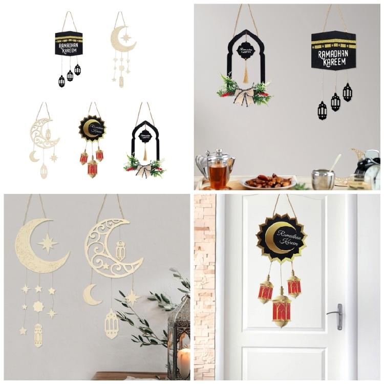 Religious Holiday Decoration Cultural Event Ornament Elegant Wood Moon and Star Hanging Pendant for Home and Mosque Use