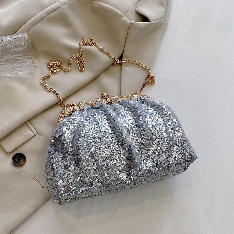Torebka Celebrytki Damska 23 Niszowa Płatki Sequins Inkrustowana Diamentami Żelazne Usta Kopertówka Błyszcząca Jednoręczna Na Krzyż Kolacja